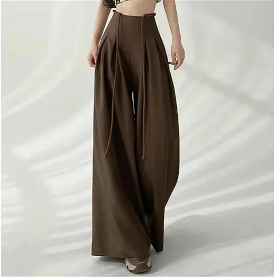 Women's Korean High Waist Suit Pants Fashion Lace-Up Wide Leg Straight Trousers