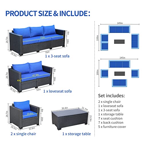Rattaner Outdoor Wicker Furniture Set 5 Pieces Patio Sectional Sofa Couch Set With Storage Table Royal Blue Anti-Slip Cushions Furniture Covers #TOP6