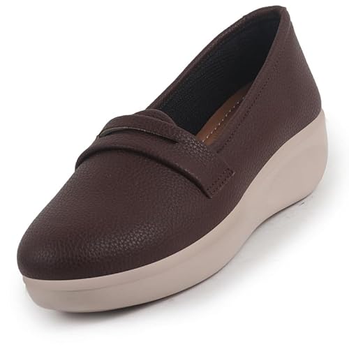 Image of FAUSTO FST FJDWC-7031 BROWN-42 Women's Brown Textured Slip On Casual Shoes Flatform Heel Height Enhancer|All Day Comfort Shoes (9 UK)