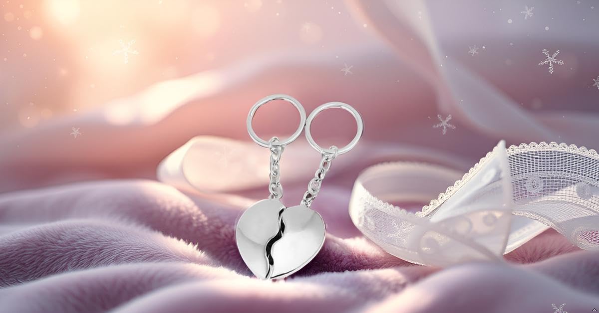 Llavero con forma de corazón dividido, 2 piezas, plata premium, chapado en plata, listo para regalar con elegante paquete de regalo, plata, 10,5 cm