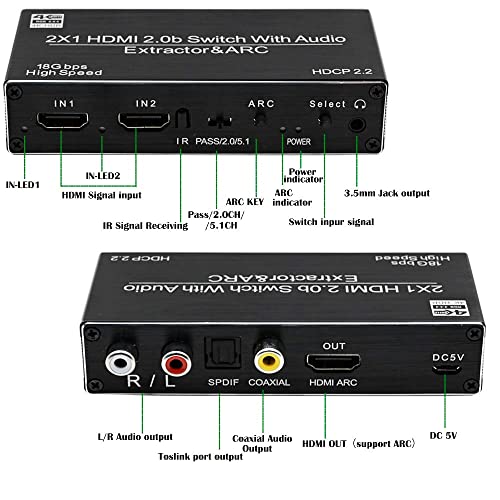 Image of MICROWARE HDMI Switch Audio Extractor, HDMI Switch Splitter 2 Inputs 1 Output with Remote 4K@60hz, 2-Port HDMI2.0b Switcher Box with Optical Toslink SPDIF+Coaxial+Analog RCA Stereo Audio Out