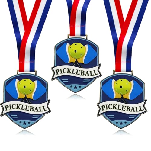 YUJUE Pickleball Medals - 3.74 Inch Pickleball Fusion Medal- Gold Silver Bronze Metal Pickle Ball Medal with V Neck Ribbons for Kids Adults Trophy Award Prize Gift