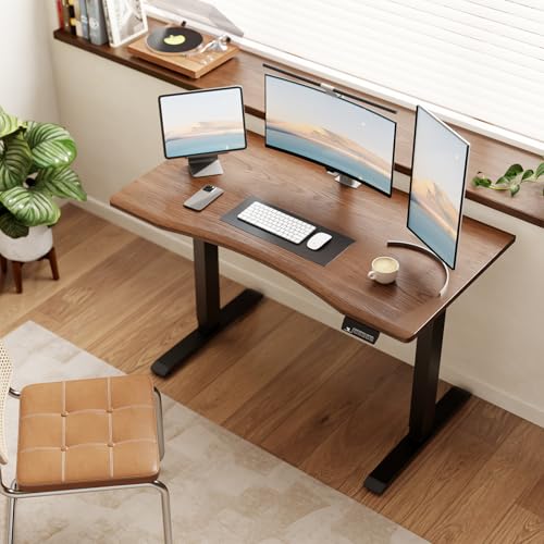 Solid Wood Electric Standing Desk 55'x23.6'Home Office Desk,Adjustable Workbench with 3 Stages Single Motor, Computer Workstation with T-Shaped Metal Bracket,Walnut Standing Table for Gaming(1 Box)