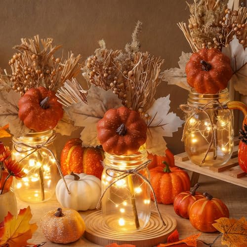 Norme 3 Set Thanksgiving Glass Mason Jar Centerpiece for Table with Timer LED Lights Fall Autumn Dinner Table Decor Harvest Farmhouse Pumpkin Rustic for Coffee, Dining Room, Kitchen, Home Party Favors