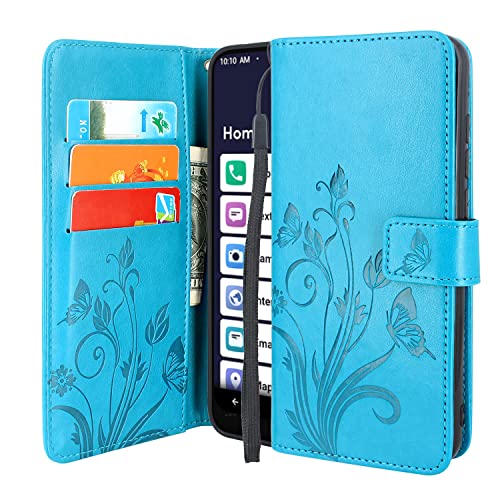 Lacass Floral Butterfly PU Leather Flip Wallet Case Cover Kickstand with Card Slots and Wrist Strap for Jitterbug Smart 3 (2021) for Seniors (aka Lively Smart)(Floral Blue)