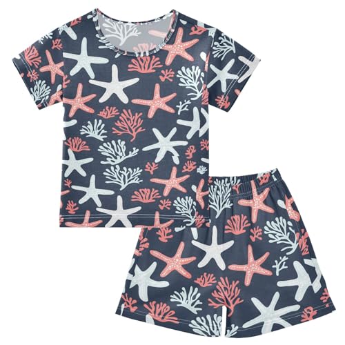 ALAZA Starfish Colorful Blue Coral Reef Pajamas Set Short Sleeve Cotton Sleepwear Summer Pjs 2 Piece 5-14Y