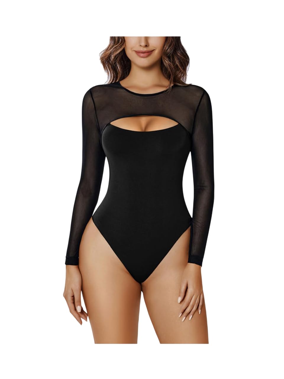 Womens Sheer Bodysuit Double Lined Long Sleeve Bodysuits Round Neck Shirt Going Out Tops for Women