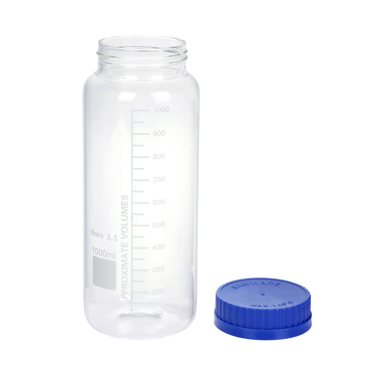 Moonetto Paquete de 2 botellas de vidrio de borosilicato redondas graduadas de boca ancha de 1000 ml con tapa de rosca de polipropileno azul GL70