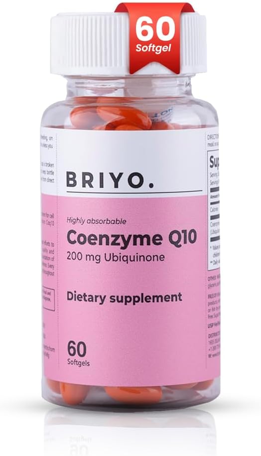 Briyo CoQ10 200 mg Ubiquinone โ High Absorption Coenzyme Q10 Supplement for Heart Health, Energy & Antioxidant Support โ Naturally Fermented, Gluten-Free โ 60 Capsules