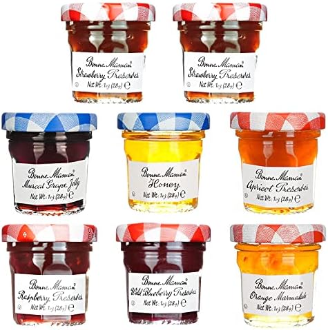 Gift Box of 8 Gourmet French Preserves, 1 oz. Mini Jars: 2 Strawberry Preserves and 1 each of Raspberry Preserves, Muscat Grape Jelly, Honey, Apricot Preserves, Wild Blueberry Preserves & Orange Marmalade
