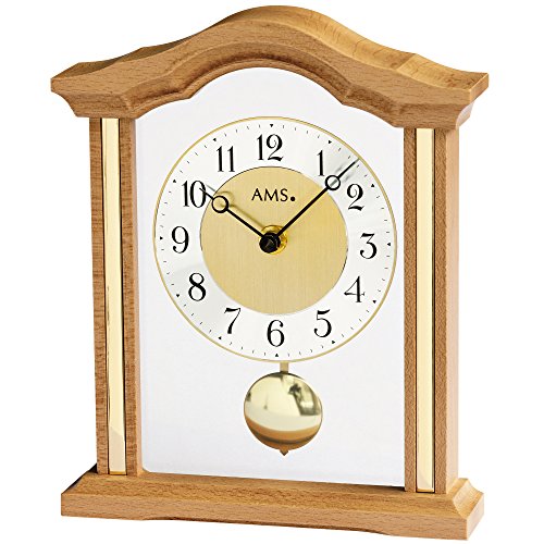 AMS Design Quarz-Tischuhr mit Pendel, analoge Zeitanzeige - formschönes Holz-Gehäuse aus Massiv Buche - Kleine Standuhr Tisch Pendeluhr