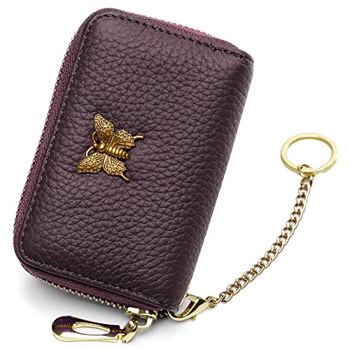 Image of imeetu RFID Credit Card Holder for Women, Business Card Wallet, Purple Coffee, Small, Credit Card Case Wallet | Genuine Leather Card Case Wallet with Zipper and Removable Keychain, 12 Card Slots & 2 Cash Pockets, Daily, Travel, Gifts