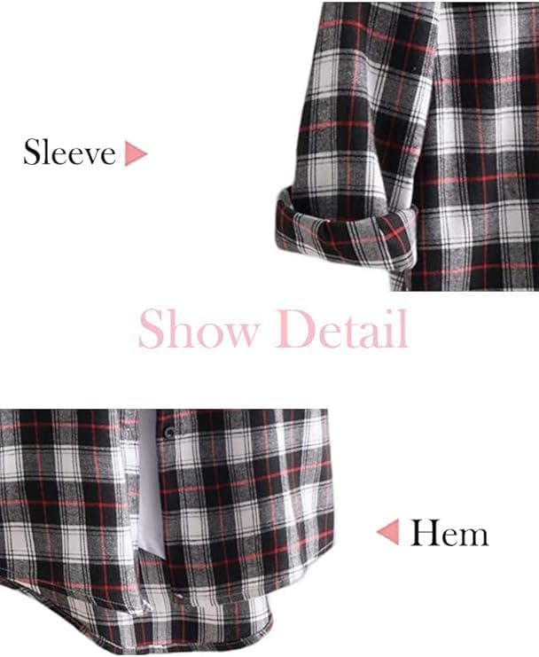 Minibee Women's Cotton Blouses Tops Plaid Long Sleeve High Low Button Down Shirts Tunic - Image 7