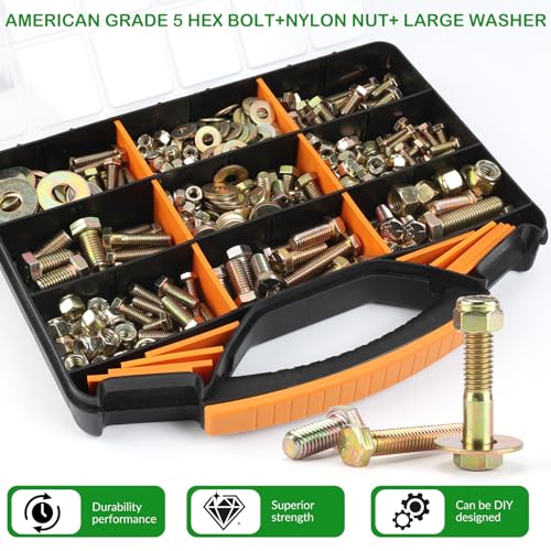 Image of 708pcs SAE 1 /4 inch 5 /16 inch 3 /8 inch Nylon Locknut Hex bolt flat washer Assortment Kit by color galvanization,Alloy steel,Grade 5.Length 1 /2 inch- 2 inch.16 Common size for Automative,for Automative,fixture,DIY Design.