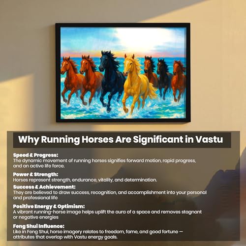 Image of 7 Running Horses Vastu Framed Wall Art Painting For Living Room | Ocean Sunrise Seven Horse Painting With Frame Symbol of Success & Positive Energy Wall Art for Home & Office, 10x12 Inch
