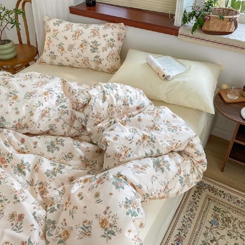 Lanqinglv Bettwäsche 135x200 cm Grün Beige Blumen Blätter Wende...