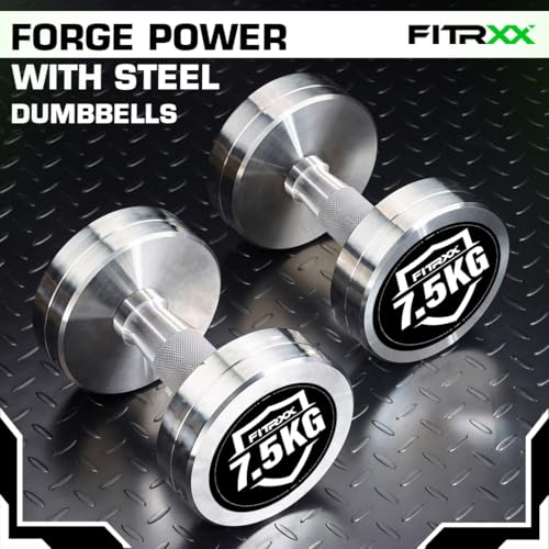 Image of Fitrxx Pair of chrome plated steel Fixed Weight Dumbbells - Gym equipment for home workout | Fitness Gym Dumbbell set for Muscles | stainless steel dumbles set | Dumbell Weights for Workout (Silver, 7.5 Kg Pair)