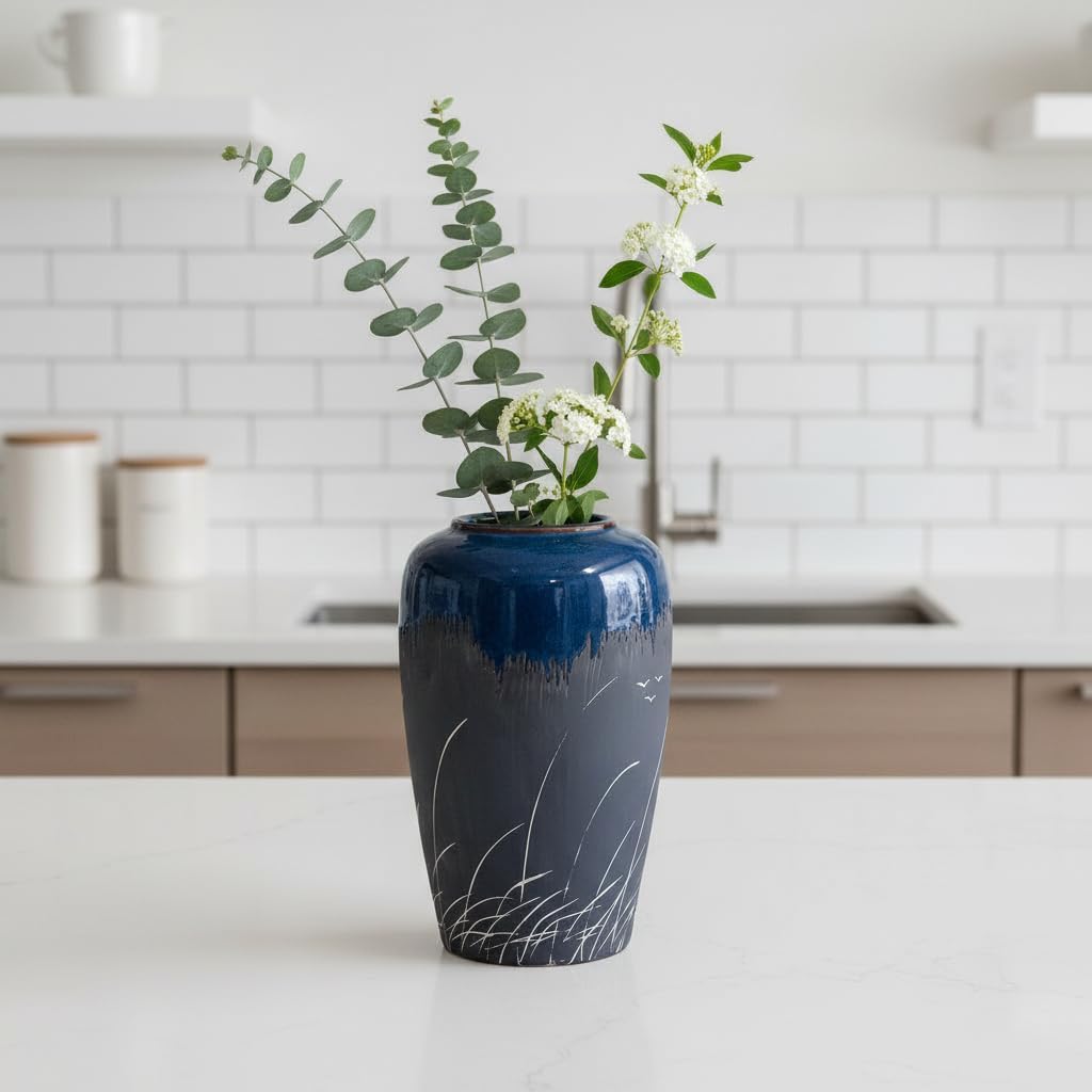 Black and Blue Vase, 8 Inch Blue Ceramic Vase for Flowers, Modern Decorative Vases for Home Decor, Coastal, Living Room Decor, Table Centerpiece