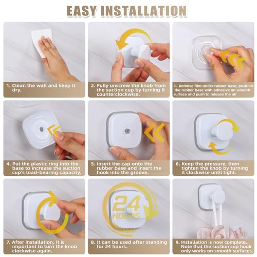 Image of No-Drill Reusable Suction Cup Hooks, Towel, Robe, Loofah, Coat Hook for Glass, Mirror, Tile, Shower, Bathroom, Kitchen & Metal (Smooth, Non-Porous Surfaces) (4, White)