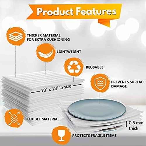 Packing Foam Sheets for Moving and Protecting Your Glass and Kitchenware with Foam Wrapping Moving Supplies, Strong Cushion Wrap 13" x 13" (60 Pack)