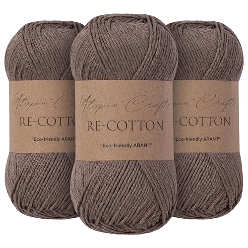 Utopia Crafts Re-Cotton - Ovillo de lana para tejer, 3 unidades, 100 g (café romano)
