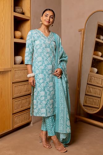 Image of MIRCHI FASHION Women's Straight Fit Pure Cotton Printed Kurta Set with Dupatta and Trouser