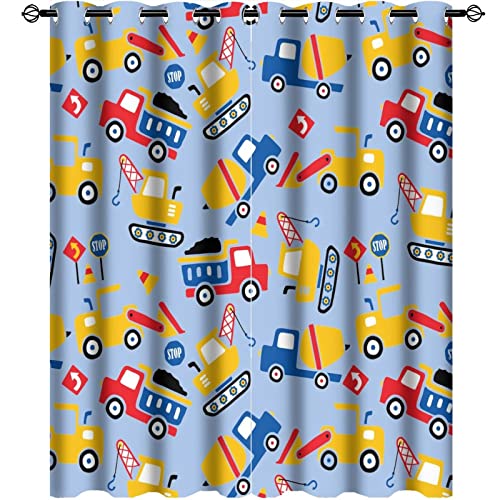 INSFBRB Truck Excavator Blackout Curtains for Living Room,Rainbow Colorful Cartoon Construction Bulldozers Dump Trucks Room Darkening Window Curtains with Grommets - 2 Panels 45L x 21W