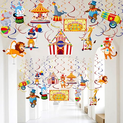 Image of 58 Pcs Carnival Hanging Swirl Decorations Circus Animal Party Supplies circus theme party decorations Baby Shower Decor Ceiling Circus Streamers for First Bday Circus Birthday Party Favors
