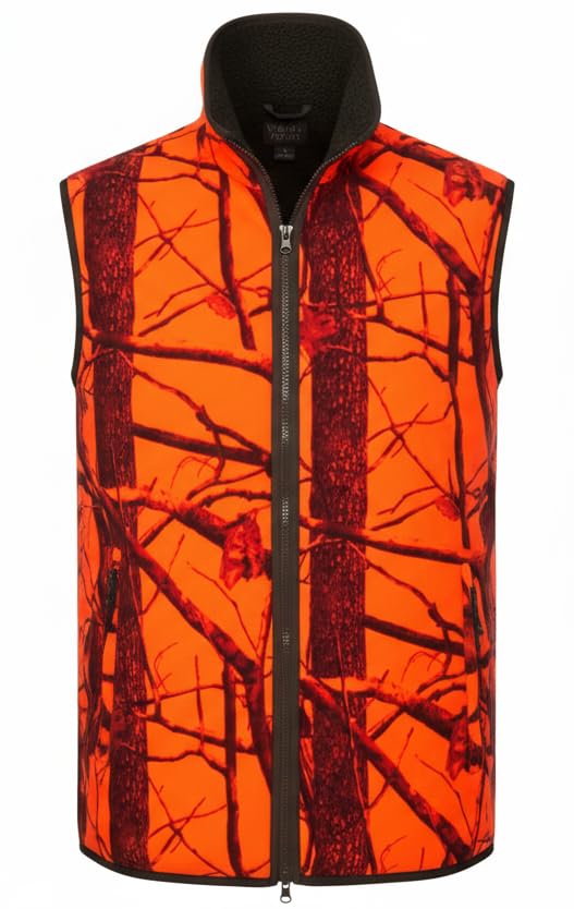 K & S Jagd Wendeweste Herren Faserpelz Fleece Leise Warm Grün Orange Camo Outdoor Signalweste Jagdweste für Ansitz Pirsch Drückjagd (DE/NL/SE/PL, Alphanumerisch, L, Regular, Regular)
