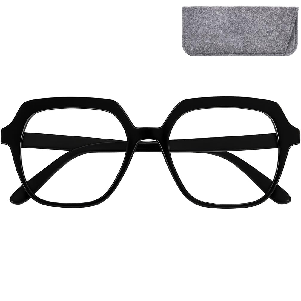 Blaulichtfilter Damen Sechseckig Oversize mit große kratzfeste Gläsern, Etui, Leichten Kunststoff Brillengestell, Blaufilter Brille Damen