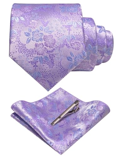 JEMYGINS Silk Lavender Floral Tie Necktie and Pocket Square Hankerchief and Tie Bar Clip Sets for Men(47)