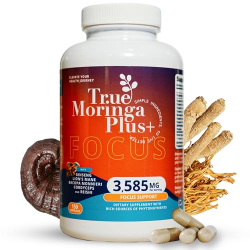 True Moringa Plus+ Focus Support Supplement 10:1 Extract | 20,000mg of Organic Moringa, Reishi, Cordyceps, Lion’s Mane, Ashwagandha, Bacopa Monnieri | Memory & Brain Health for Adults (150 Capsules)