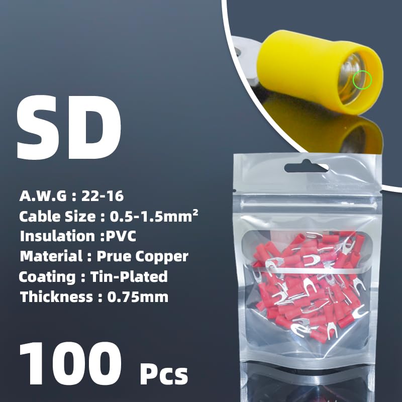 POWTAXBJGD PVC Insulated Spade Terminal Electrical Wire End Fork Cold Crimping Connector AWG 22-10 Make Threading Easier Cable Press Lug(SD-Double Crimp-1.2,M6 Bolthole)