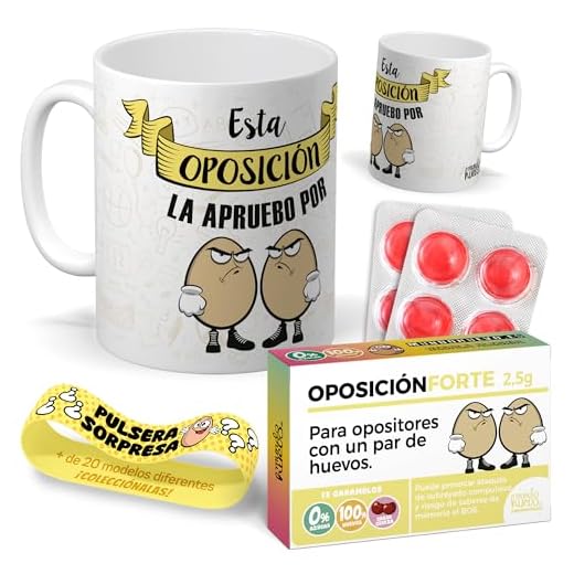 Kit regalo personalizado para opositores | Taza Esta oposición la apruebo por huevos + Caramelos divertidos + Pulsera sorpresa | Regalo divertido, original y único para oposicion, cumpleaños, navidad.