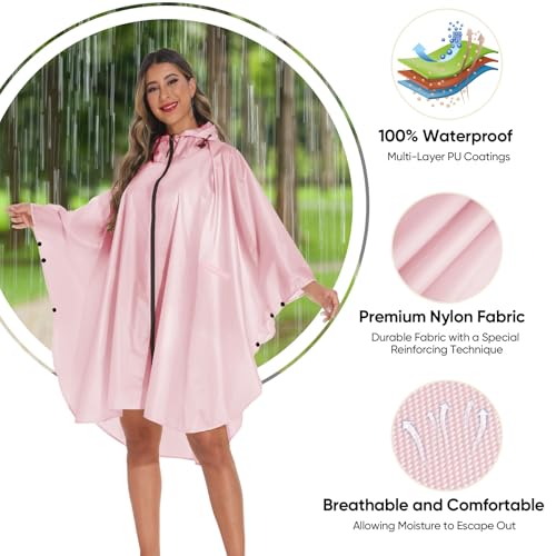 PTEROMY Hooded Rain Poncho for Adult with Pocket and Zipper, Waterproof Lightweight Raincoat for Men and Women - Image 5