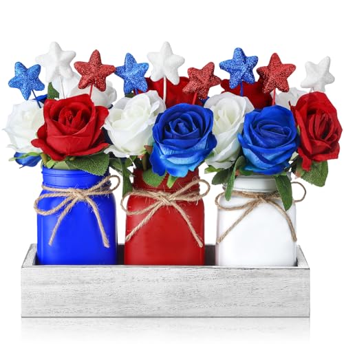 Nuogo 4th of July Mason Jar Centerpiece for Table Independence Day Farmhouse Mason Jar Decor Include 1 Decorative Wood Tray 3 Decorative Jars 15 Rose Flowers 9 Star Sticks for Home Decorations