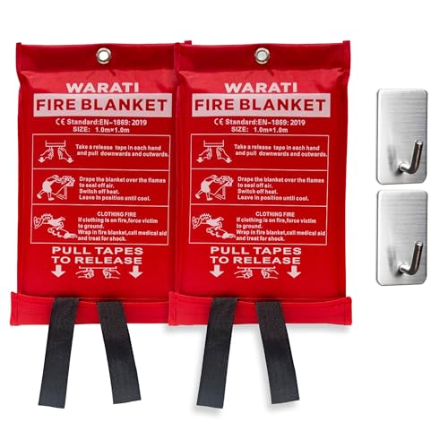 Image of [Pack of 2] Fire Blanket w / 2 Hooks -Reusable, Flame-Retardant, Tear-Resistant Safety Cover -Capable of withstanding Upto 1076F (580C) - Heavy-Duty fire Blankets Emergency for Home,Car - Outdoor