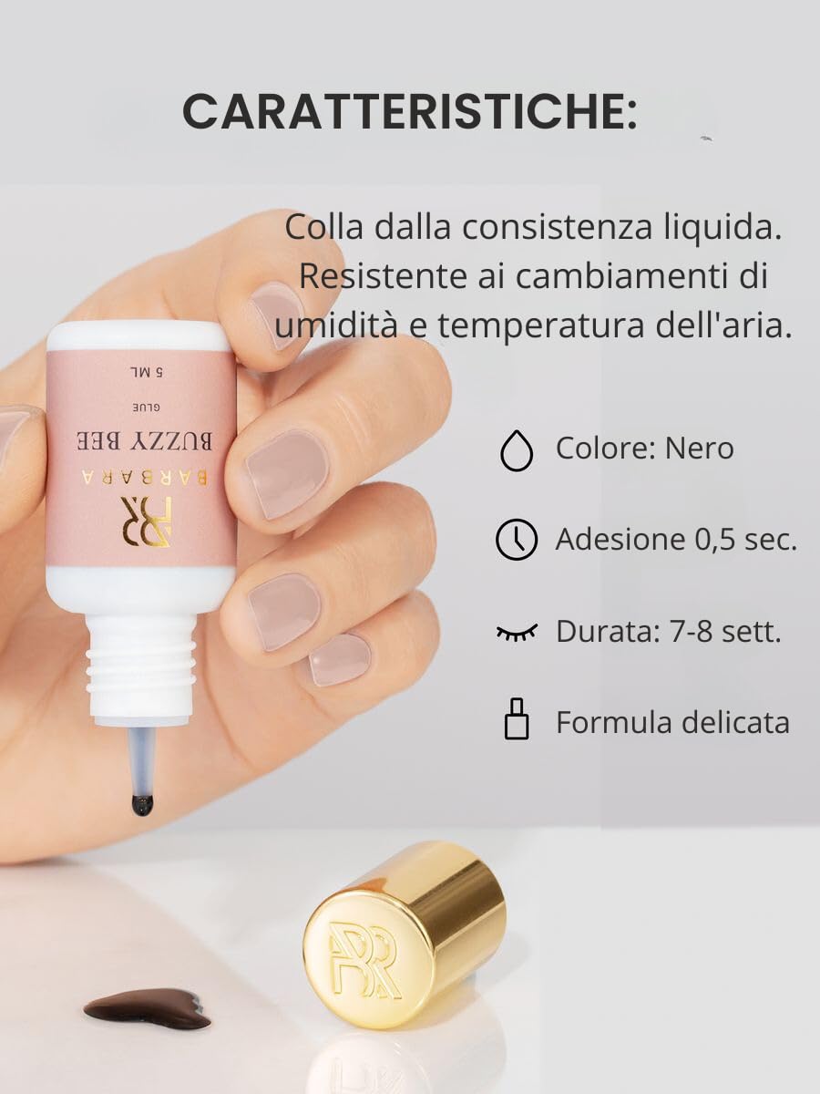 Colla per Extension Ciglia BARBARA 'Buzzy Bee': Formula Professionale per Volume e Mega-Volume | Adesione Ultra Rapida in 0,5 Sec. | Tenuta Duratura fino a 8 Sett. | Senza Incollature (5 ml)