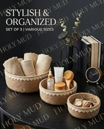 Image of Designer Jute Rope Storage Basket Set of 3| Fruit Basket | Shelve Storage | Hamper Basket |Organiser For Cosmetic /Jewellery With Lace Trim (Beige, Set Of 3, S,M,L)