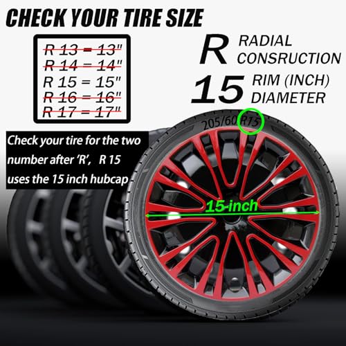 Image of Hubcap Wheel Cover Replacement R15 Hub Caps Universal-Fit Steel Wheel Rim Cover ABS Material Exterior Accessories for Car Truck SUV -Set of 4(15-inch,Red-Black)