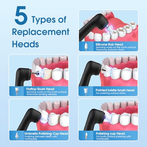 Image of Electric Teeth Whitening Tools Plaque Tartar Polishing Cleaning Kit with LED Light 5 Speed Modes with 5 Replacement Brush Heads (Black)