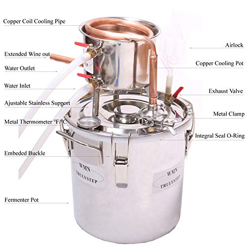 Image of YUEWO Moonshine Still Copper Alcohol Water Distiller Spirits Kit Copper Tube Wine Making Kit Homebrewing Boiler Build-in Thermometer for Whisky Brandy