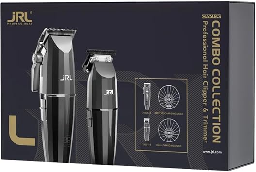 JRL Professional Cordless Hair Clipper & Trimmer Combo Set with Smart-ClipTM Adaptive Motor Technology to Prevent Snagging & Stalling, Onyx Series Barber Hair Cutting Kit, Precision Fade Blade, Black