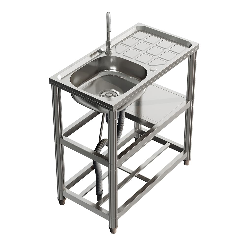 XEMQENER 3 Tier Freestanding Stainless Steel Commercial Sink Unit 75x40x80cm Single Bowl Kitchen Sink with Storage Shelf Utility Washbasin with Downpipe for Restaurant Garage Outdoor Laundry
