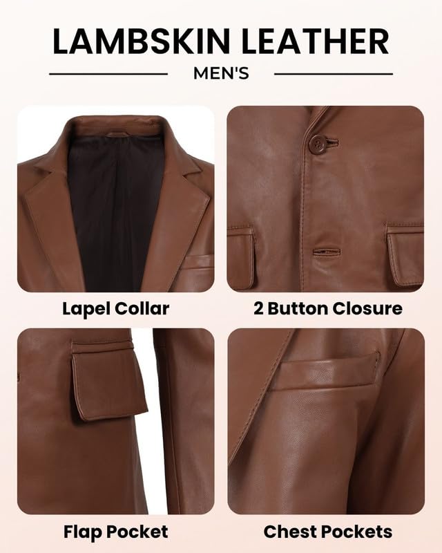 Image of Blingsoul Mens Leather Blazer Jacket - Real Lambskin Sport Coat with Notch Lapel Collar