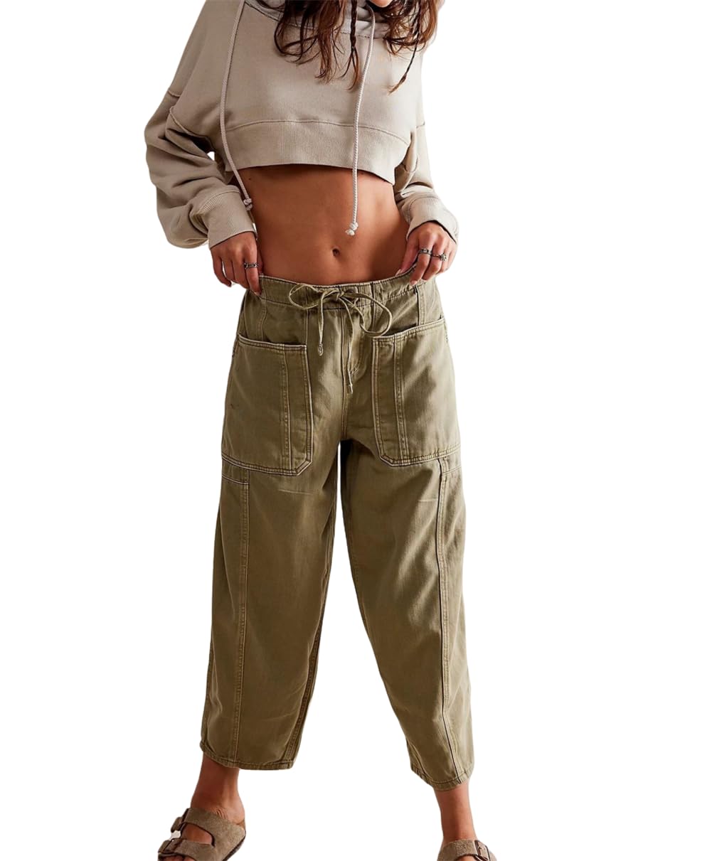 Damskie stylowe dżinsy ze stretchem ze sznurkiem z wysokim stanem i praktycznymi kieszeniami, ZIELONY, 3XL