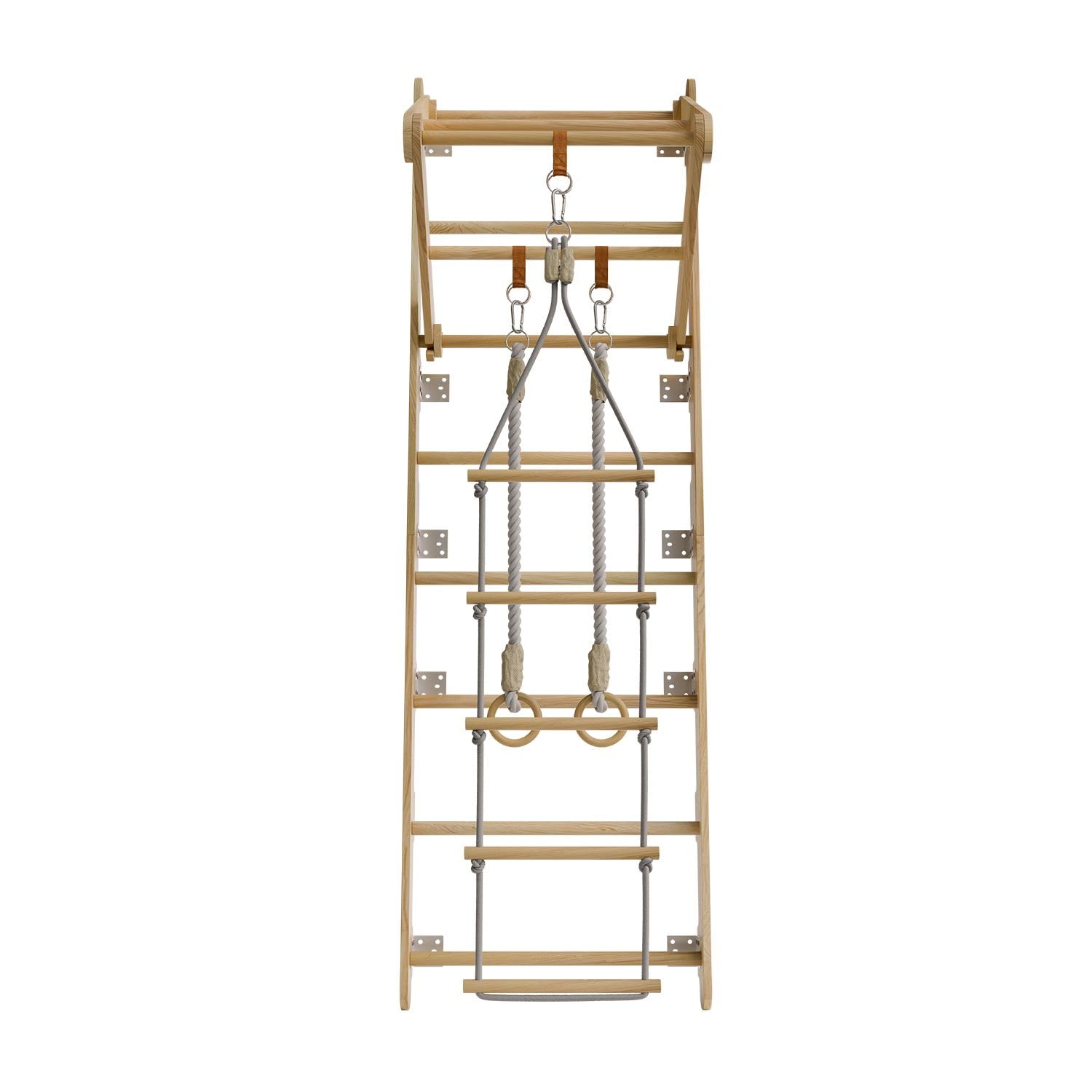 Juskys Espaldera para Niños - con Barra de Tracción, Estructura de Escalada Interior con Anillos de Gimnasia y Escalera de Cuerda, Pared de Escalada para Habitación Infantil, Barra Deportiva