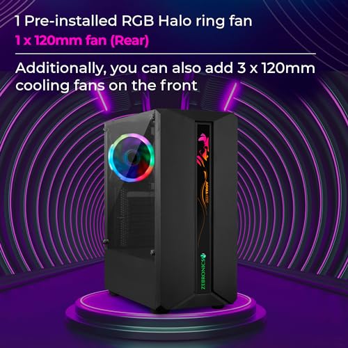 Image of ZEBRONICS Troy Mid-Tower Premium Gaming Cabinet ATX /MicroATX /MINI ITX,1x 120mm Rear Fan, Halo Glow Ring RGB Fans,RGB LED Modes,Tempered Glass Side Panel, USB 3.0,Magnetic Dust Filter