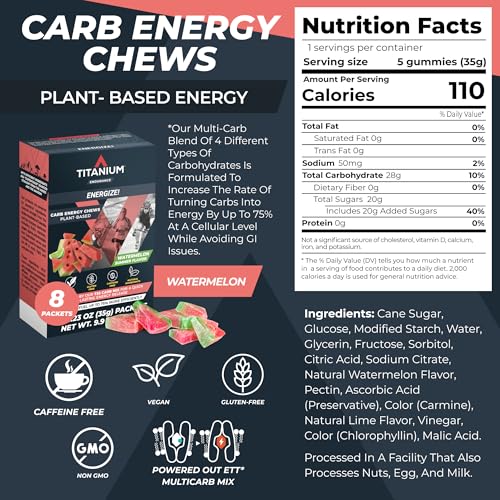 Image of TITANIUM Soft Energy Chews for Runners, Cycling - Caffeine Free, Delicious Flavor - Ditch Energy Gels and Turn Plant-Based with Our Energy Gummies - Gluten Free, Vegan, Non-GMO - 8ct, Watermelon