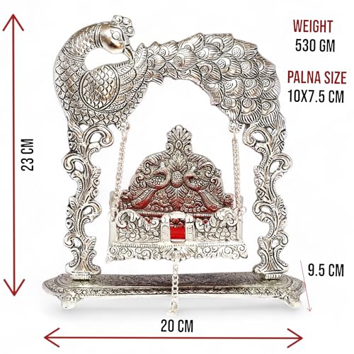 Image of KridayKraft Metal Laddu Gopal Jhulla For Janmastmi Festive Silver Plated Polish Decorative Metal Palna For Krishna Ji, Temple Office,Gift Article, 20 cm , 23 cm